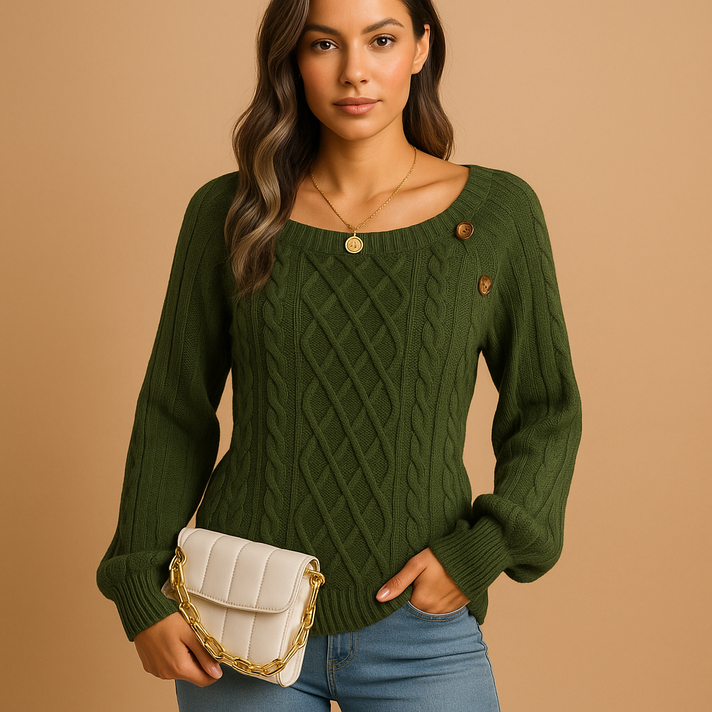 Elegant women’s ribbed knitted sweater with relaxed stretchy fit and soft warm fabric, ideal for autumn and winter layering.