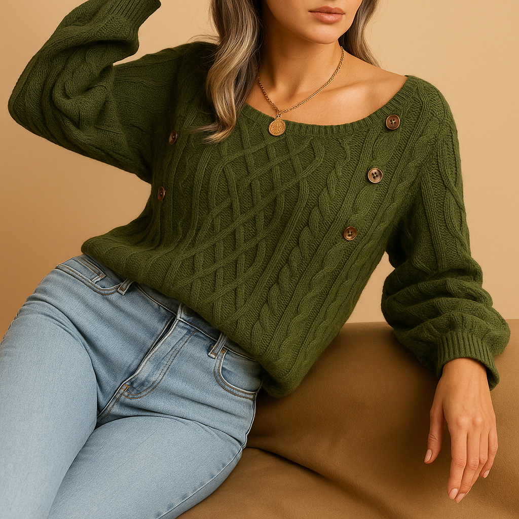 Elegant women’s ribbed knitted sweater with relaxed stretchy fit and soft warm fabric, ideal for autumn and winter layering.