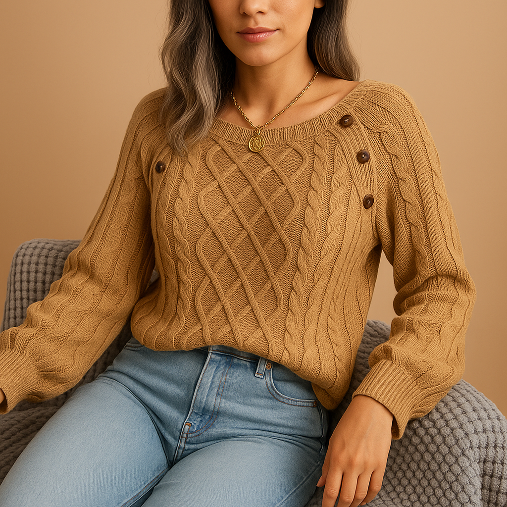 Elegant women’s ribbed knitted sweater with relaxed stretchy fit and soft warm fabric, ideal for autumn and winter layering.