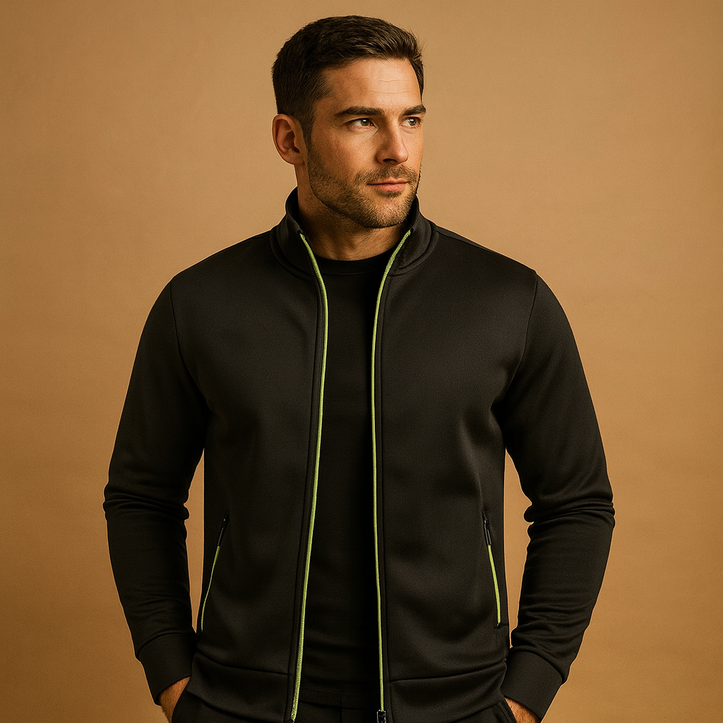 Men’s elegant zip cardigan with hidden zip pockets and handcrafted details, soft, wrinkle-free, and perfect for smart casual wear.