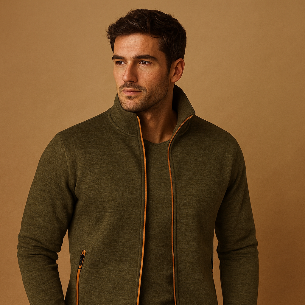 Men’s elegant zip cardigan with hidden zip pockets and handcrafted details, soft, wrinkle-free, and perfect for smart casual wear.