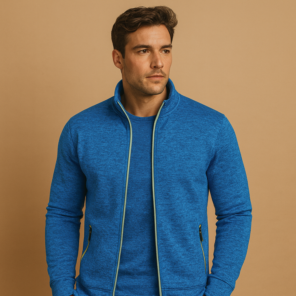 Men’s elegant zip cardigan with hidden zip pockets and handcrafted details, soft, wrinkle-free, and perfect for smart casual wear.