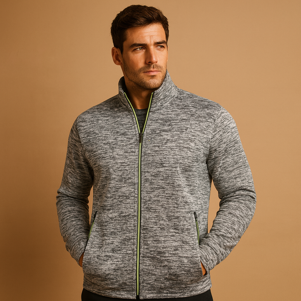 Men’s elegant zip cardigan with hidden zip pockets and handcrafted details, soft, wrinkle-free, and perfect for smart casual wear.