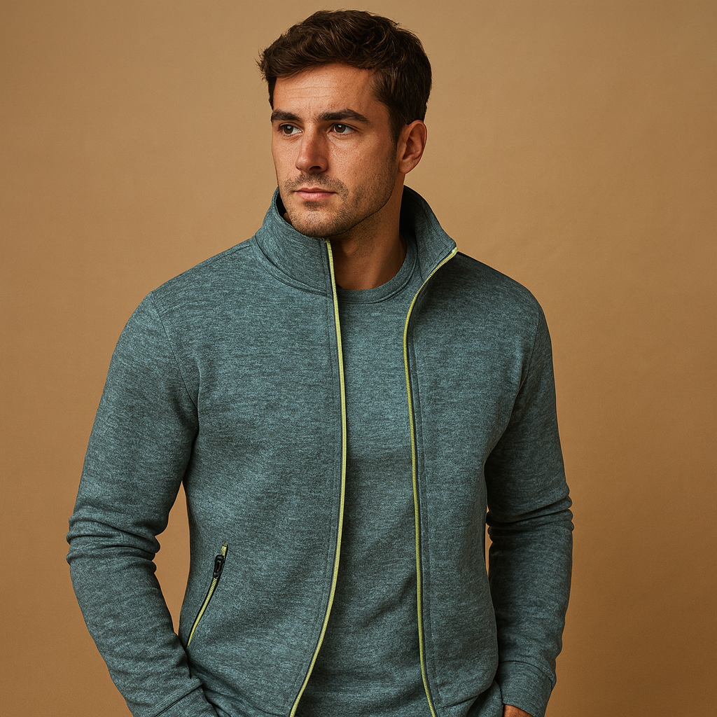 Men’s elegant zip cardigan with hidden zip pockets and handcrafted details, soft, wrinkle-free, and perfect for smart casual wear.