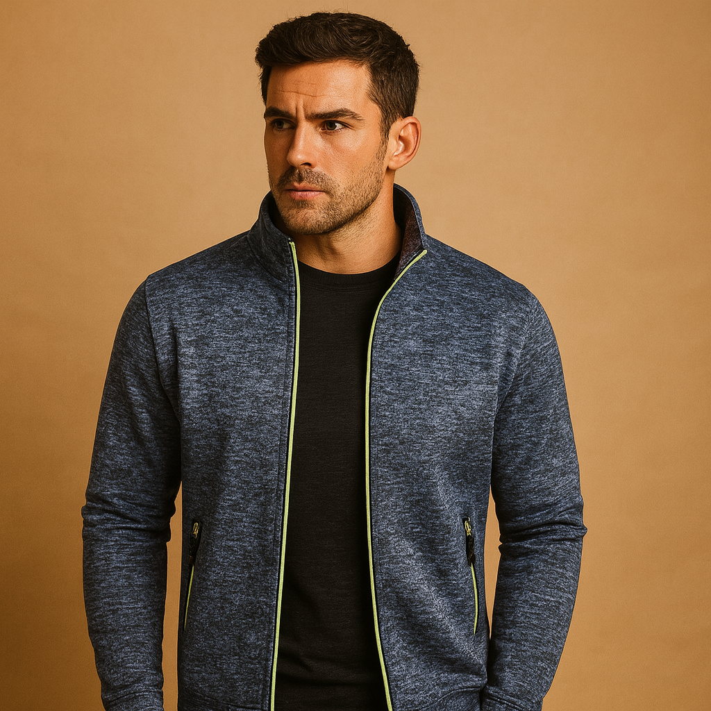 Men’s elegant zip cardigan with hidden zip pockets and handcrafted details, soft, wrinkle-free, and perfect for smart casual wear.