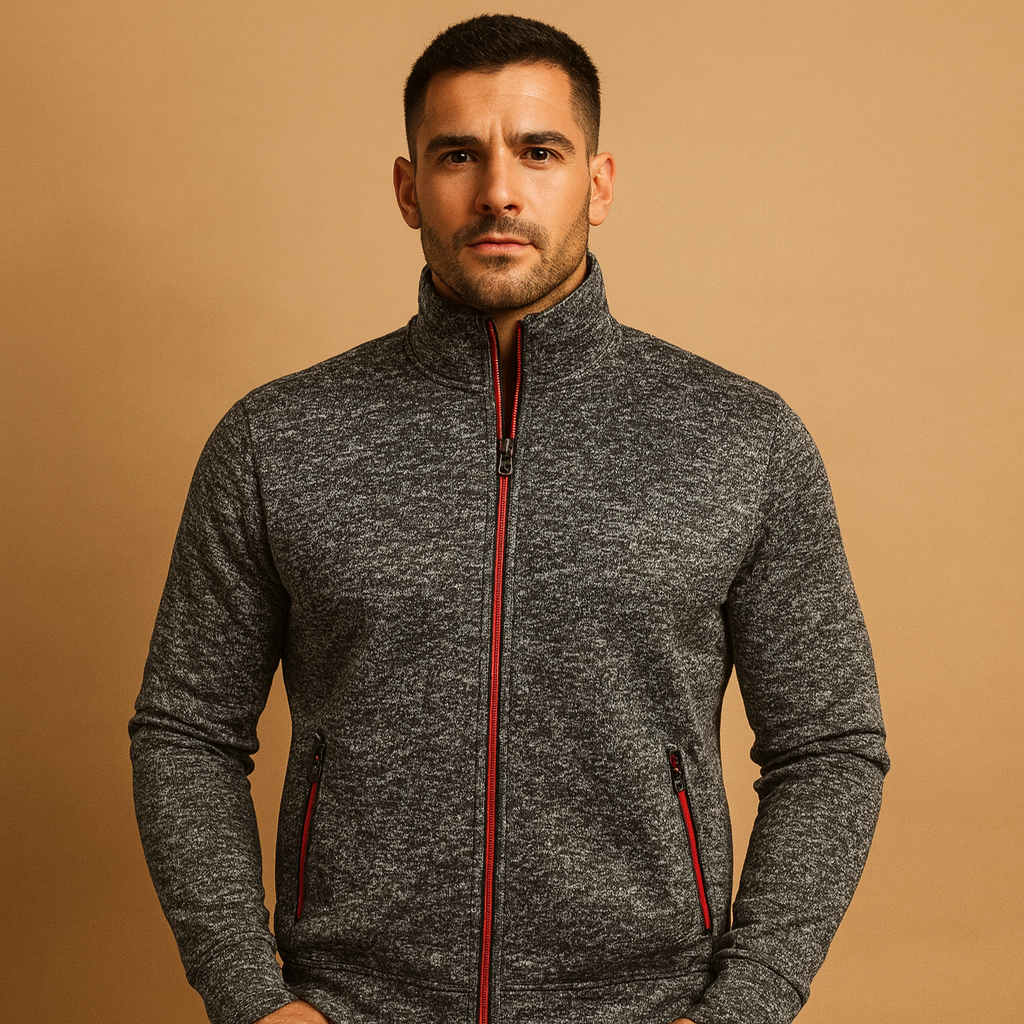 Men’s elegant zip cardigan with hidden zip pockets and handcrafted details, soft, wrinkle-free, and perfect for smart casual wear.