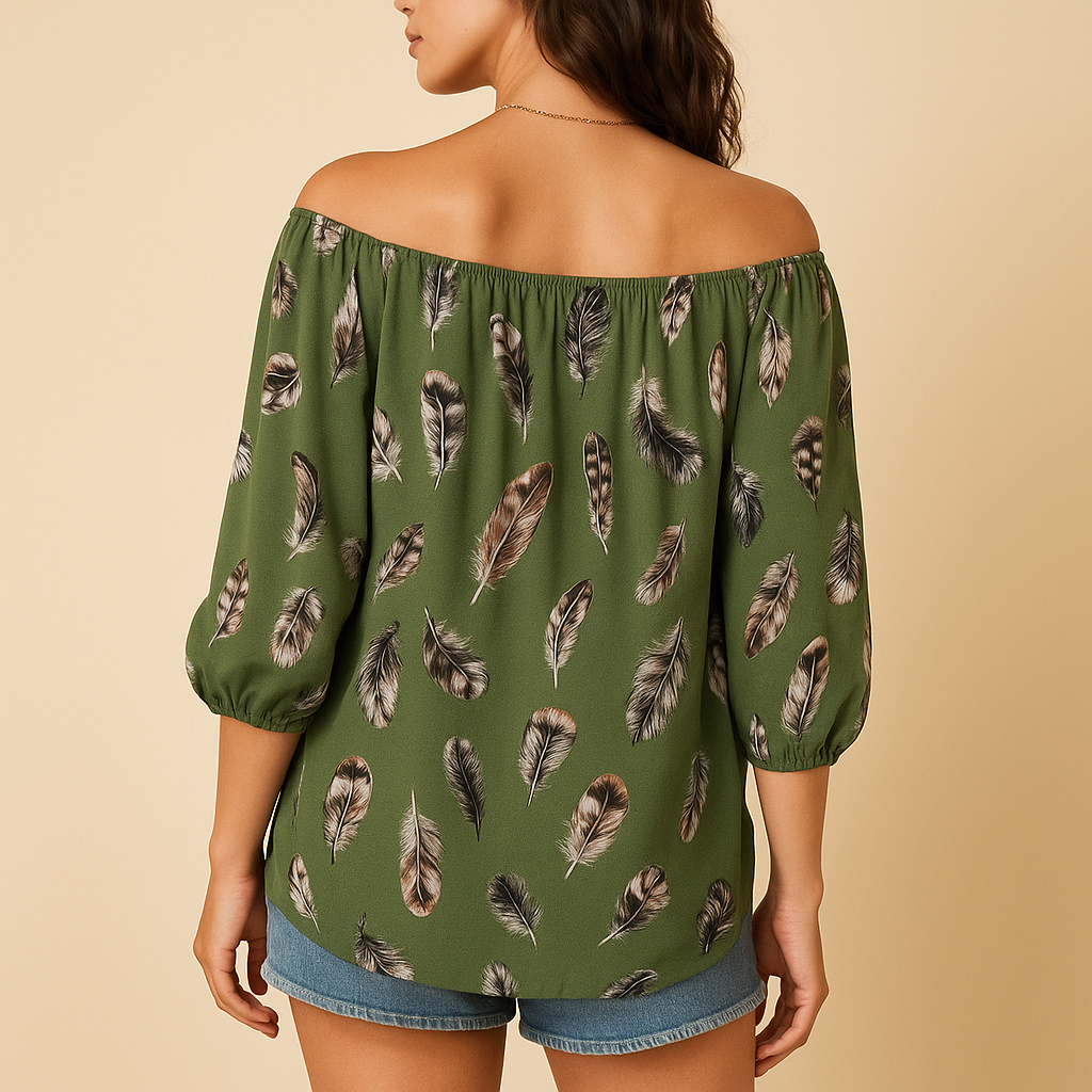 Women’s feather print V-neck blouse with relaxed fit and breathable fabric, perfect for warm days and casual outfits.