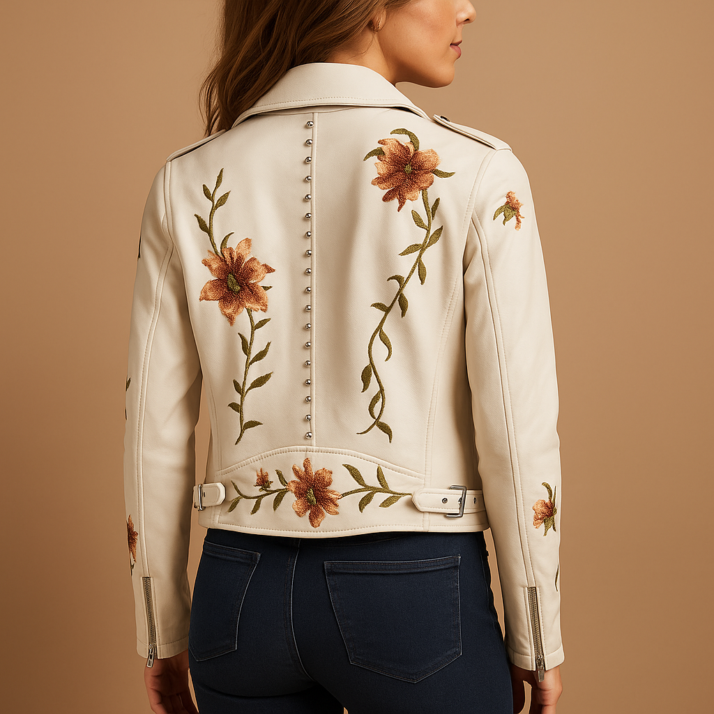 Fitted leather jacket for women with a tailored silhouette, zipper closure, and practical pockets. Available in black and beige for versatile styling.