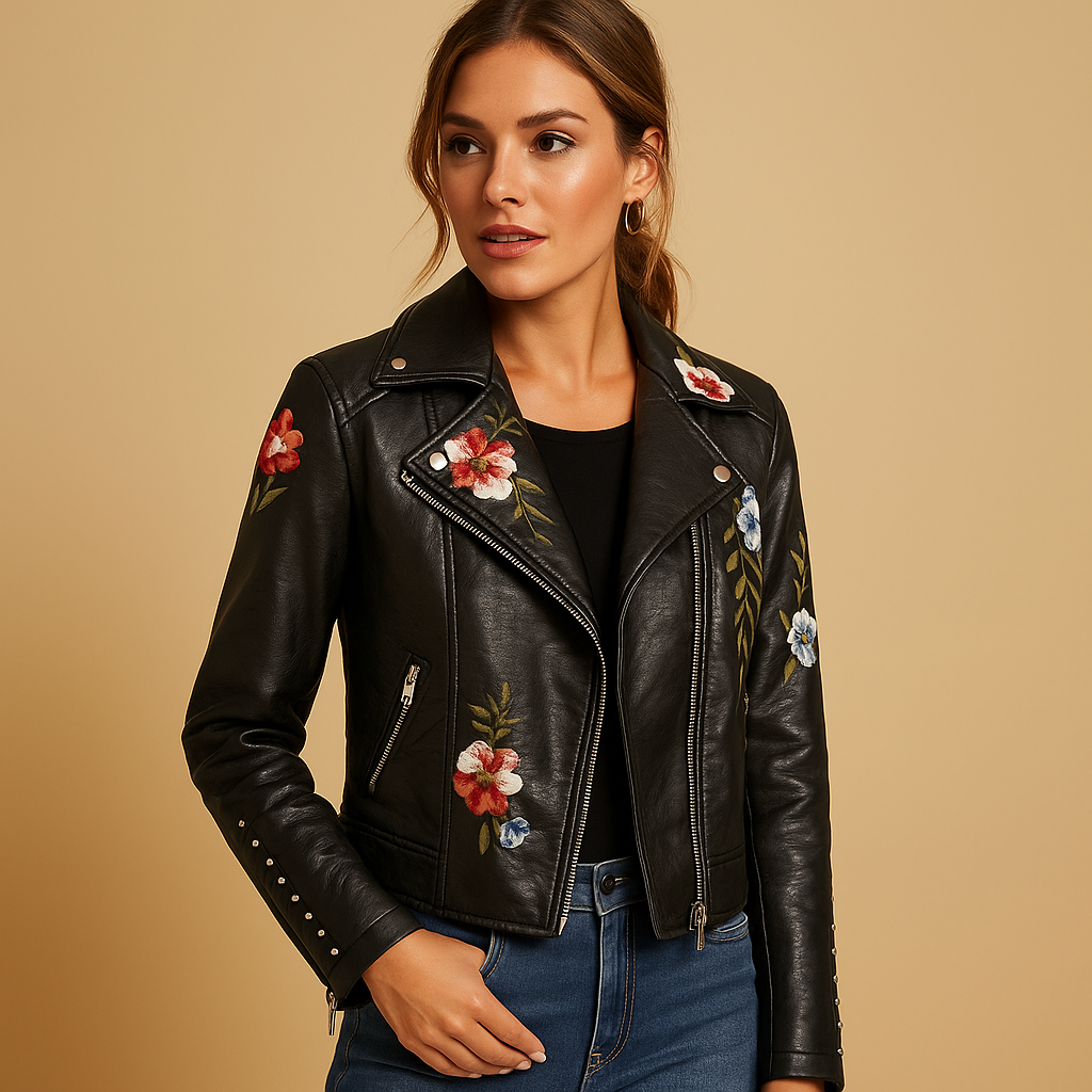 Fitted leather jacket for women with a tailored silhouette, zipper closure, and practical pockets. Available in black and beige for versatile styling.