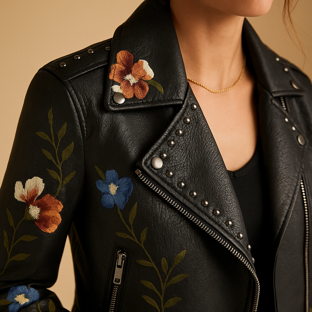Fitted leather jacket for women with a tailored silhouette, zipper closure, and practical pockets. Available in black and beige for versatile styling.