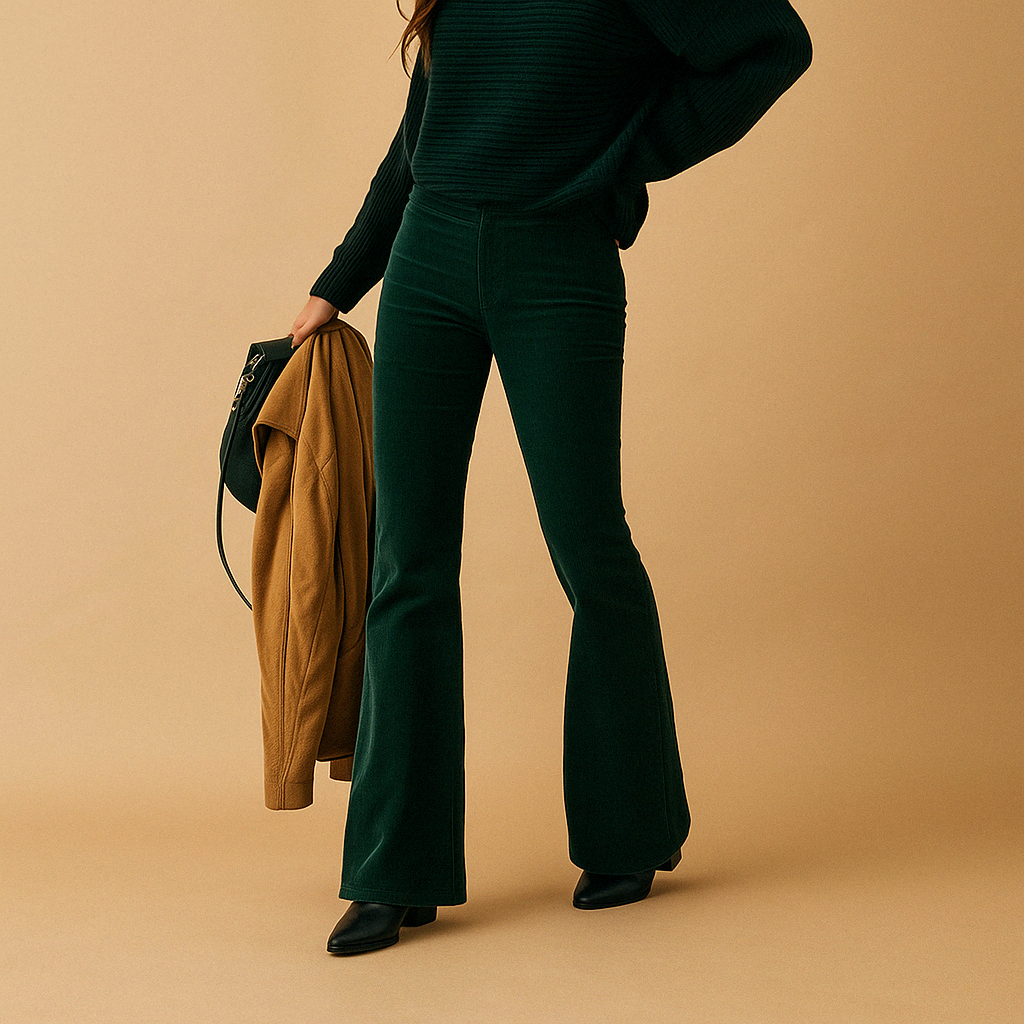 Women’s flared corduroy pants in soft ribbed fabric with a comfortable fit, available in multiple colors, perfect for casual or semi-formal looks.