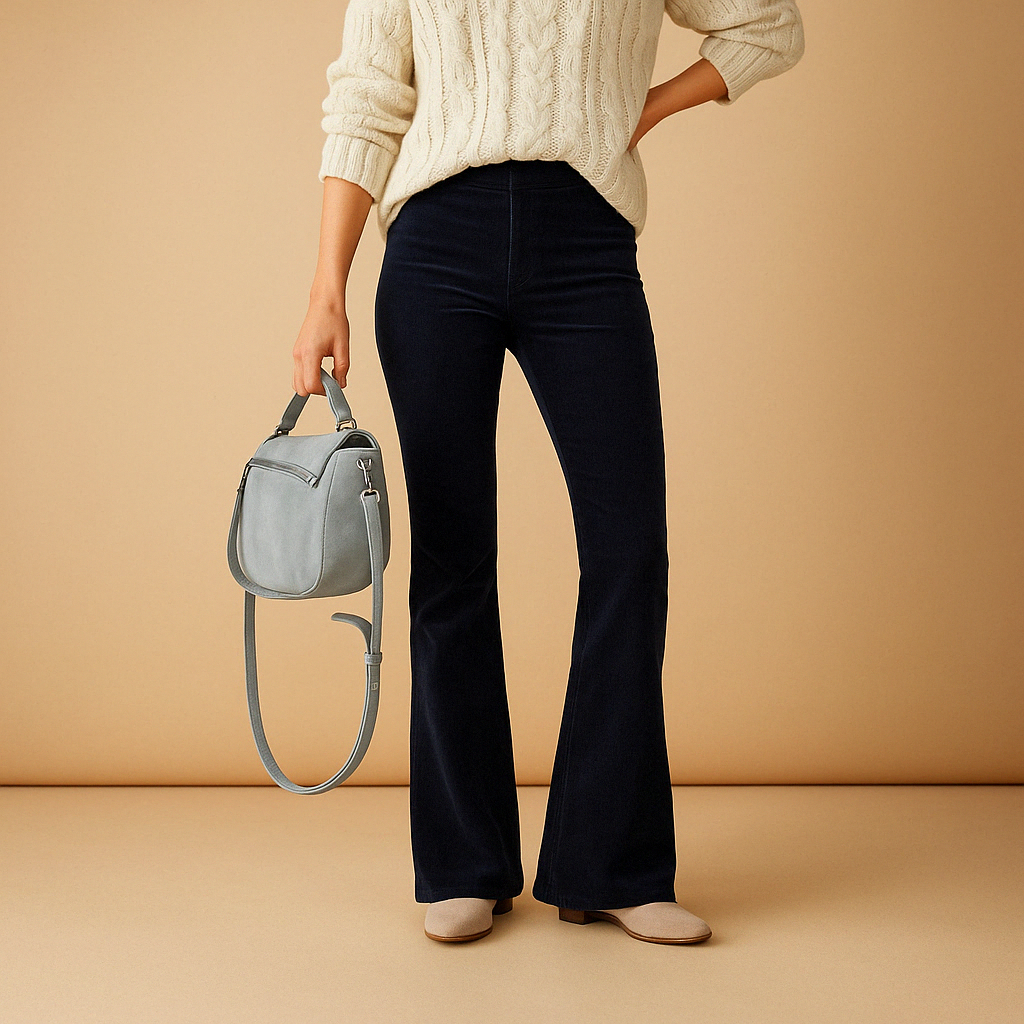 Women’s flared corduroy pants in soft ribbed fabric with a comfortable fit, available in multiple colors, perfect for casual or semi-formal looks.