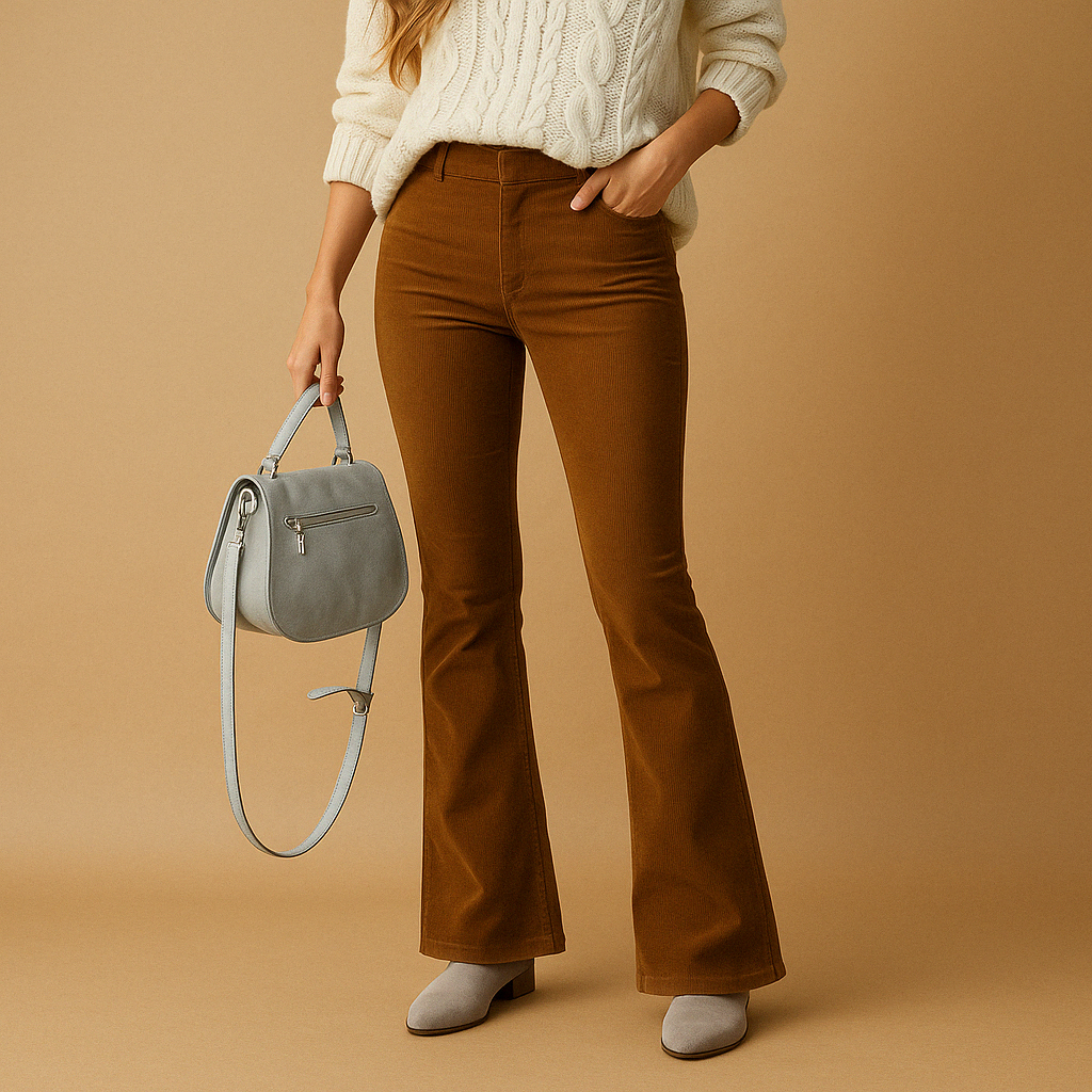 Women’s flared corduroy pants in soft ribbed fabric with a comfortable fit, available in multiple colors, perfect for casual or semi-formal looks.