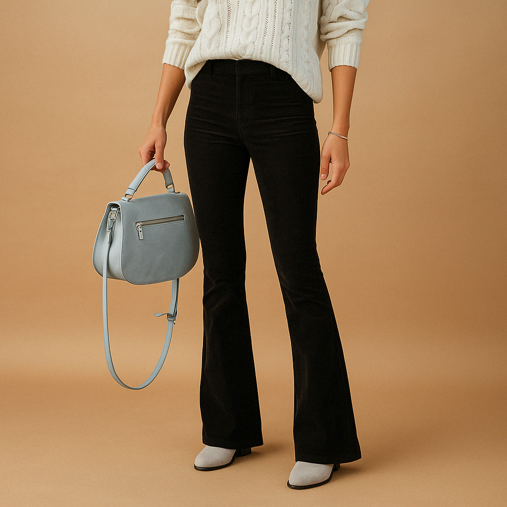 Women’s flared corduroy pants in soft ribbed fabric with a comfortable fit, available in multiple colors, perfect for casual or semi-formal looks.
