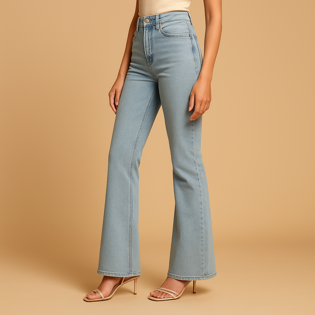 Women’s flared high waist jeans Aurora in classic denim blue, with retro-inspired design and flattering fit for chic and casual outfits.