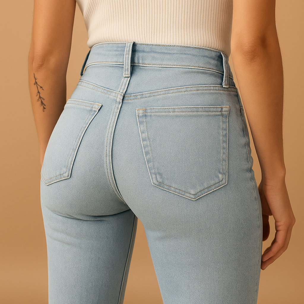 Women’s flared high waist jeans Aurora in classic denim blue, with retro-inspired design and flattering fit for chic and casual outfits.