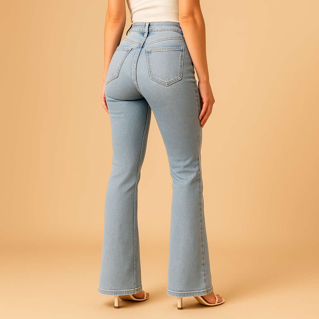 Women’s flared high waist jeans Aurora in classic denim blue, with retro-inspired design and flattering fit for chic and casual outfits.