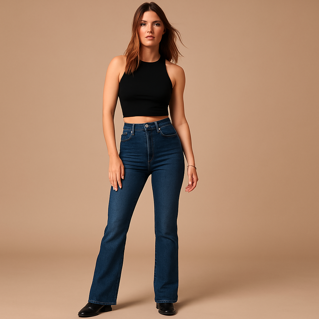 Women’s flared high waist jeans Aurora in classic denim blue, with retro-inspired design and flattering fit for chic and casual outfits.