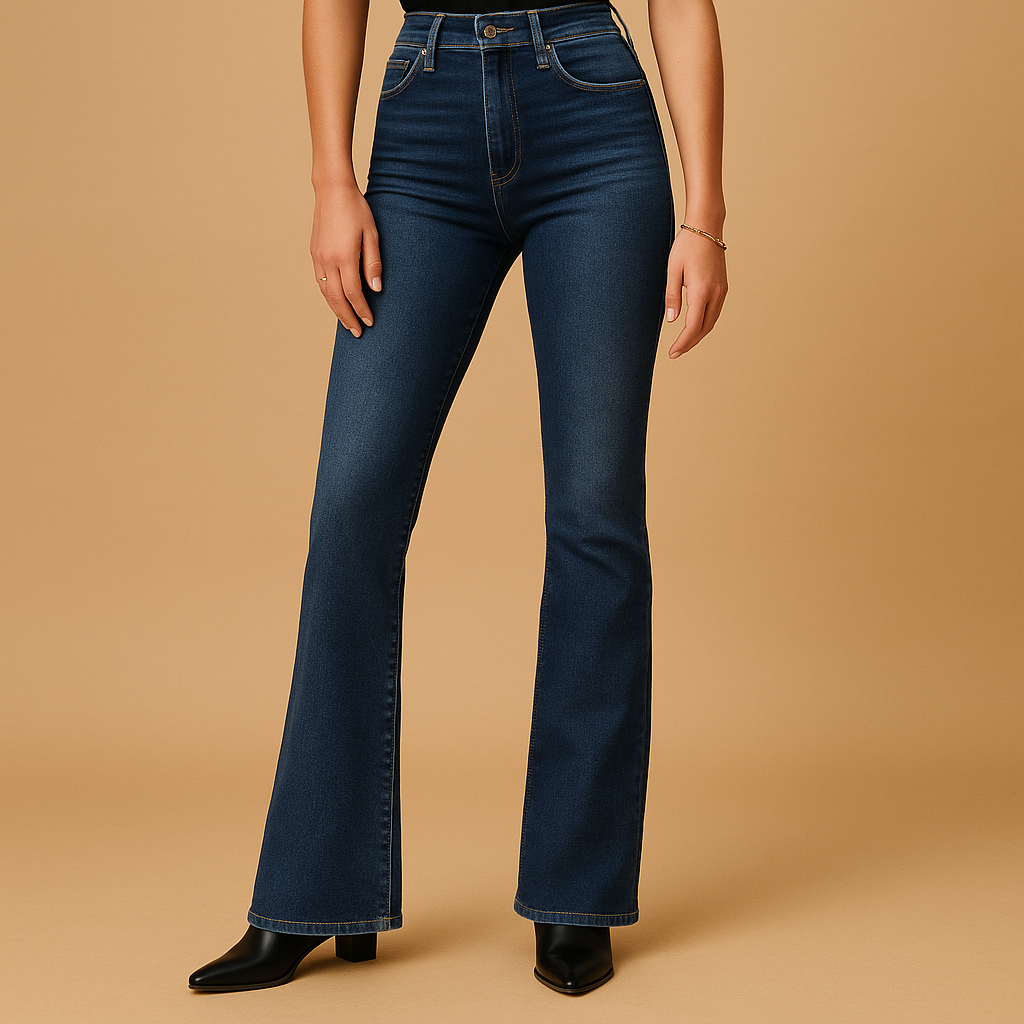 Women’s flared high waist jeans Aurora in classic denim blue, with retro-inspired design and flattering fit for chic and casual outfits.