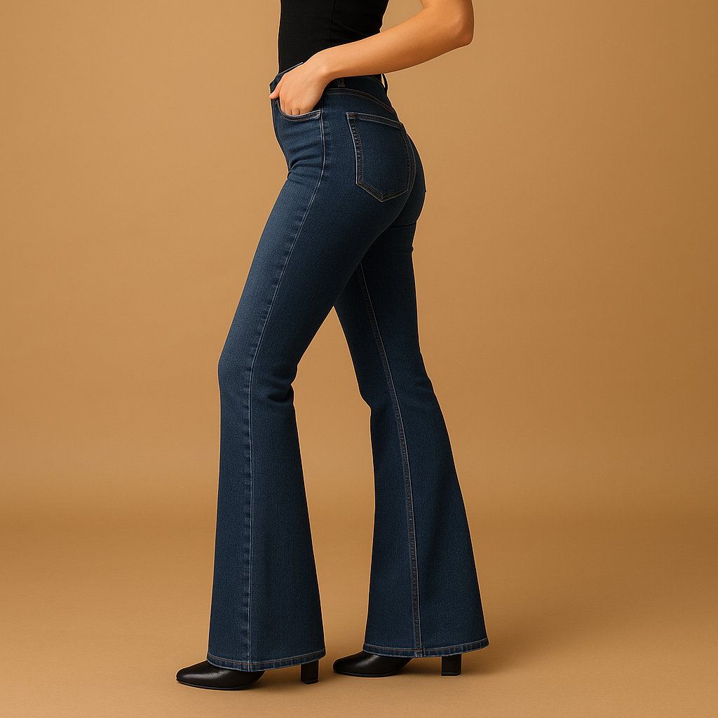Women’s flared high waist jeans Aurora in classic denim blue, with retro-inspired design and flattering fit for chic and casual outfits.