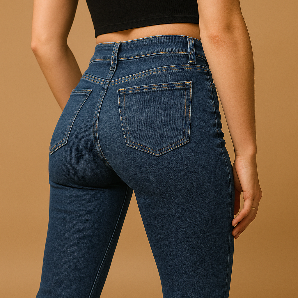 Women’s flared high waist jeans Aurora in classic denim blue, with retro-inspired design and flattering fit for chic and casual outfits.