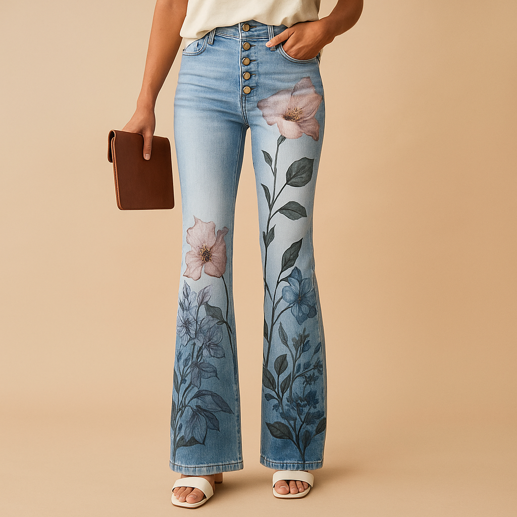 Women’s flared printed jeans with floral or butterfly designs, breathable fabric, and a relaxed fit, perfect for spring and summer outfits.