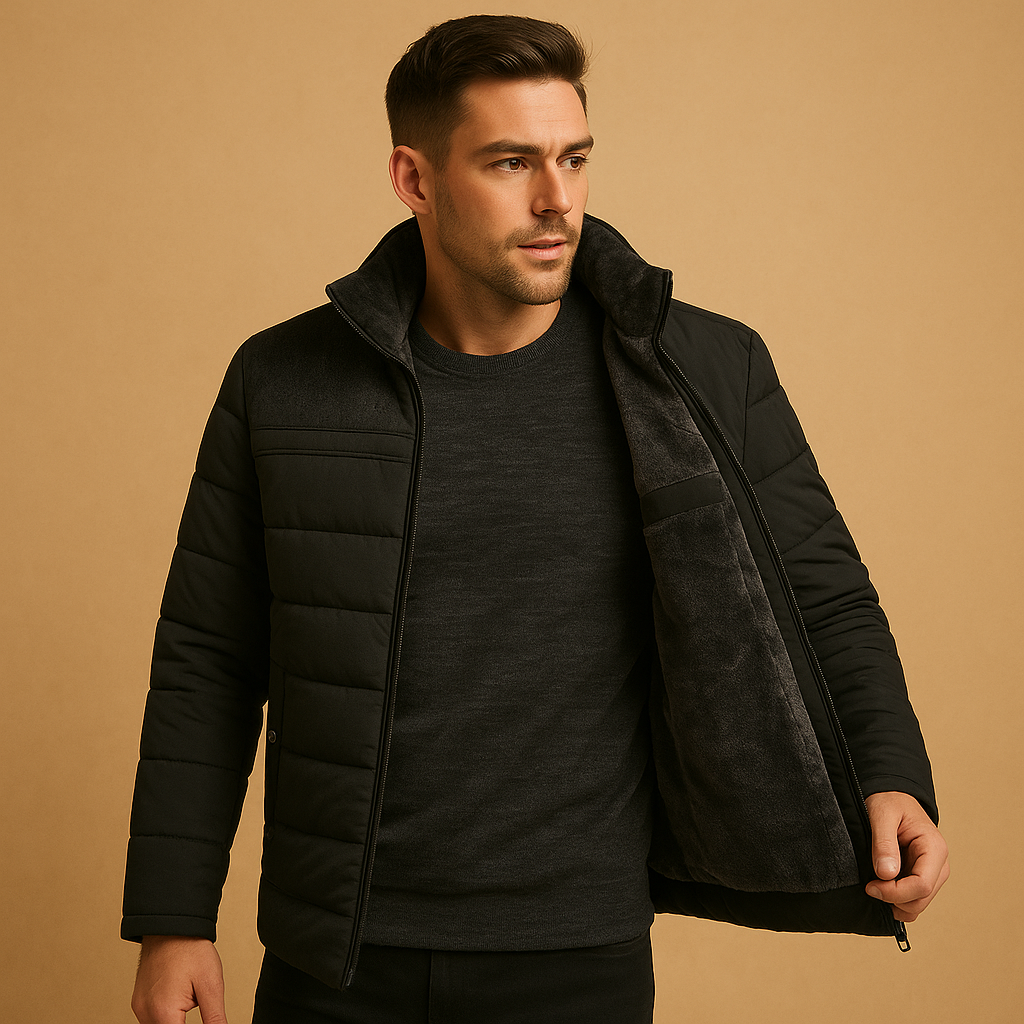 Men’s fleece jacket with high collar and zipper, featuring soft inner lining and zip pockets, perfect for cold days and outdoor use.