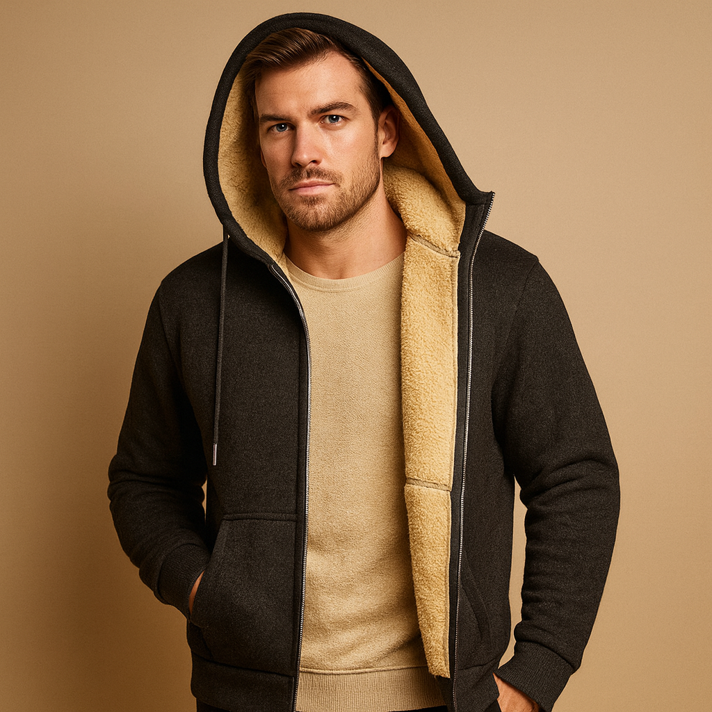 Men’s fleece sweater with fur lining in dark gray, black, and navy blue, warm, stylish, and perfect for autumn and winter wear.