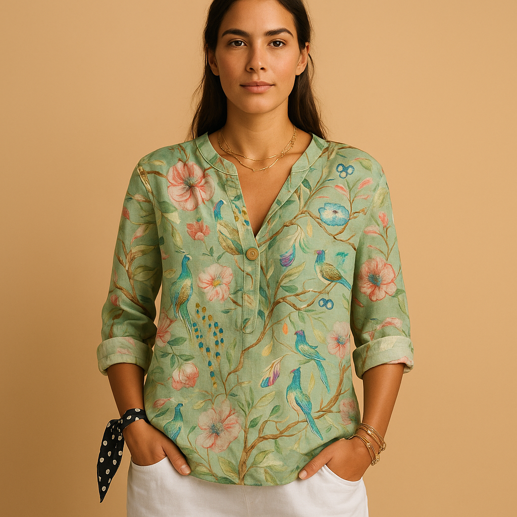 Women’s floral button-up blouse with collar and relaxed fit, perfect for summer days, workwear, and casual occasions.
