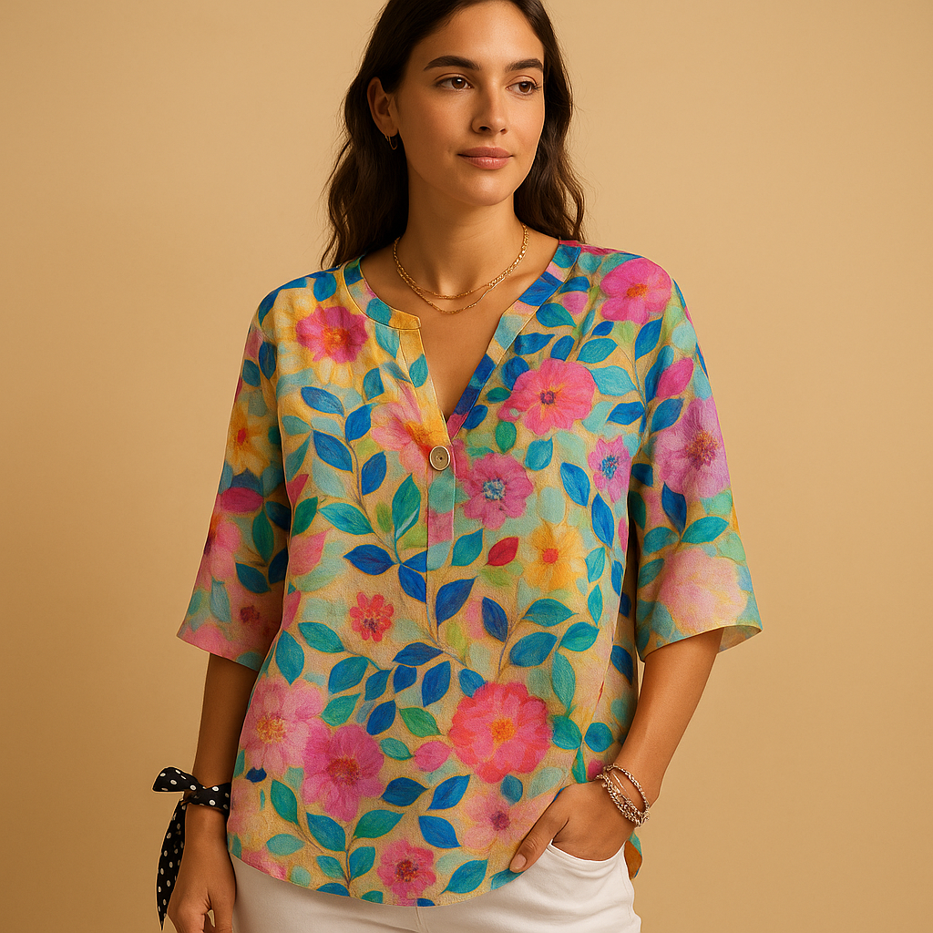 Women’s floral button-up blouse with collar and relaxed fit, perfect for summer days, workwear, and casual occasions.