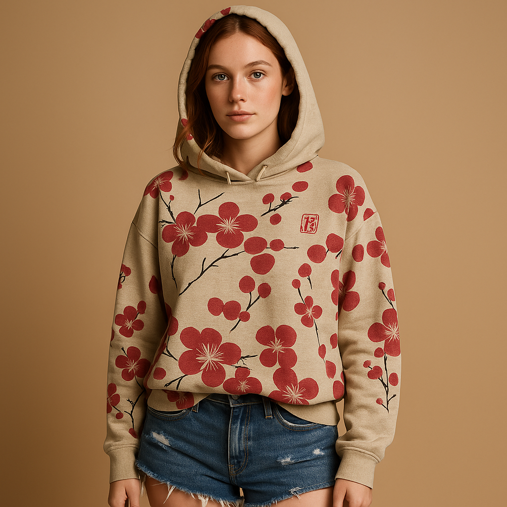 Floral women’s hoodie sweater with relaxed fit, soft hood, and breathable knit, ideal for casual outfits and cool-weather layering.