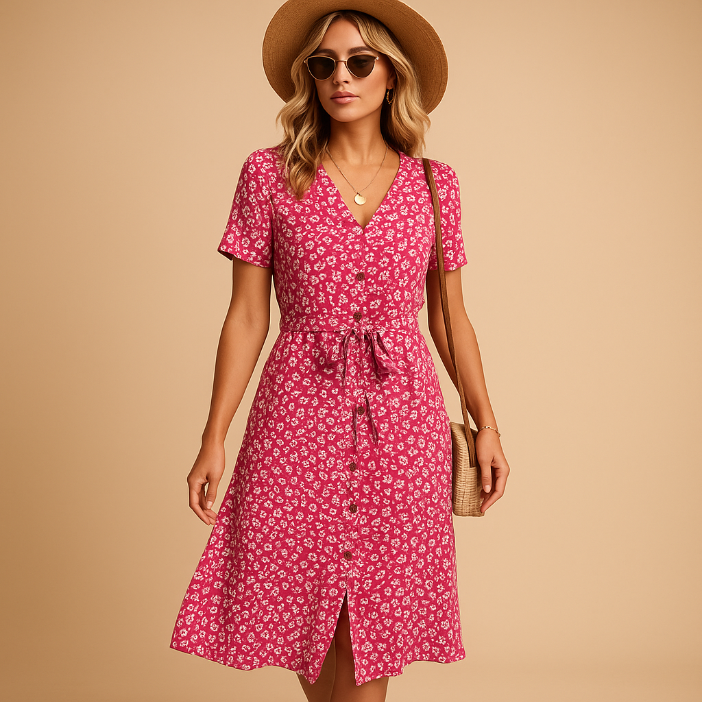 Women’s floral midi dress with short sleeves, breathable fabric, and flattering fit. Ideal for summer parties, casual outings, and terrace days.