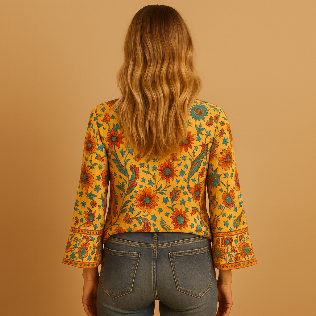 Women’s floral print blouse with flared sleeves and stand-up collar, perfect for casual and festive spring or summer outfits.