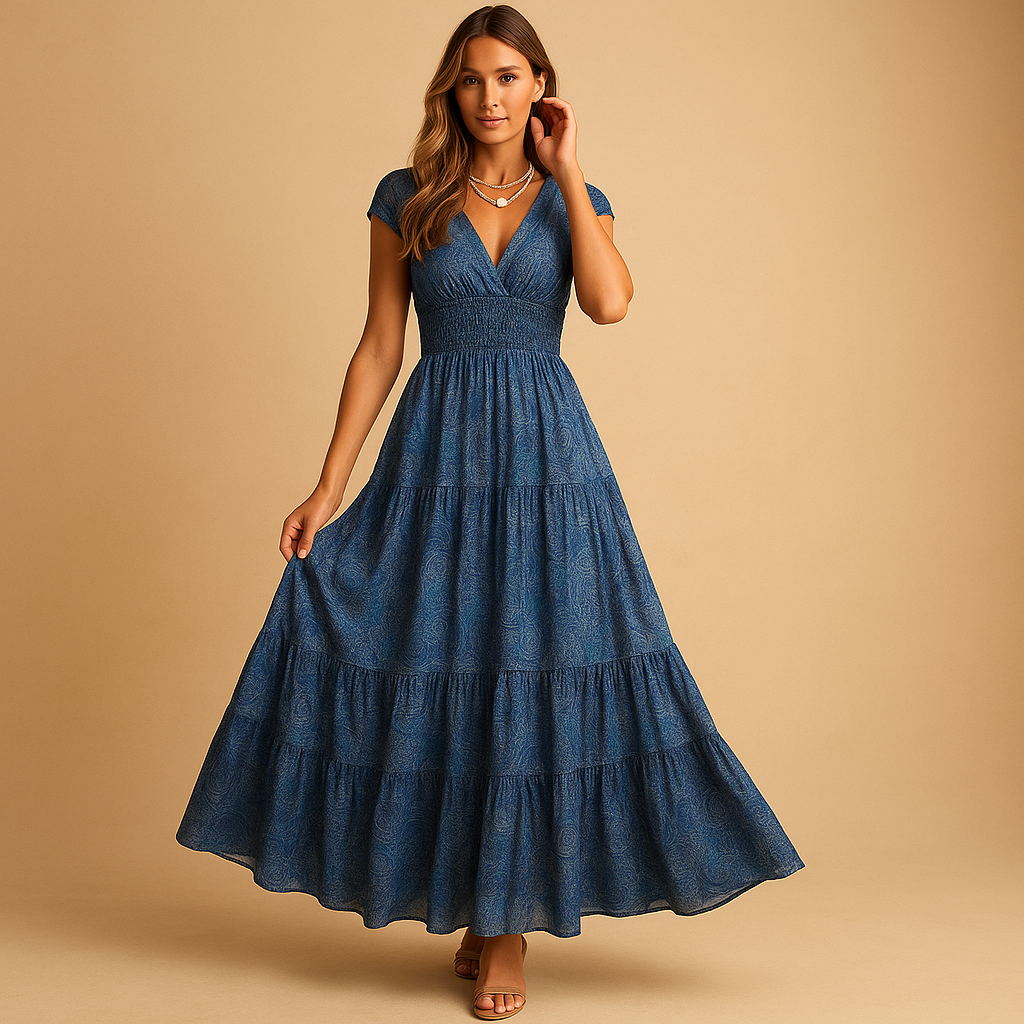 Women’s floral print maxi dress with ruffled collar and waist-accentuating fit, perfect for parties, dinners, or summer occasions.