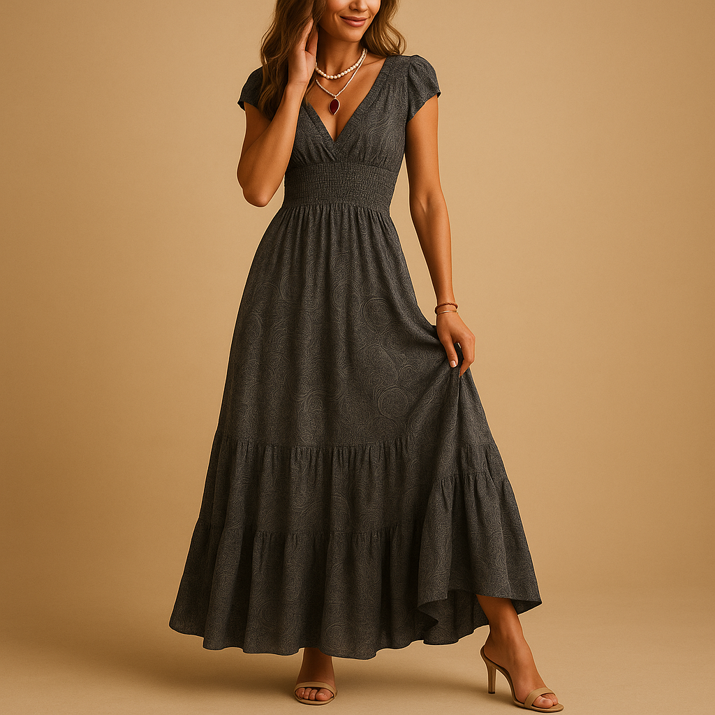 Women’s floral print maxi dress with ruffled collar and waist-accentuating fit, perfect for parties, dinners, or summer occasions.