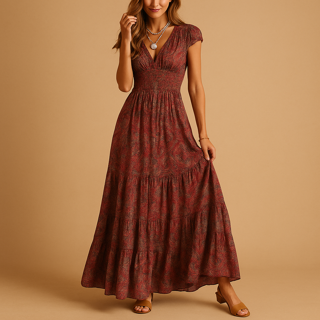 Women’s floral print maxi dress with ruffled collar and waist-accentuating fit, perfect for parties, dinners, or summer occasions.