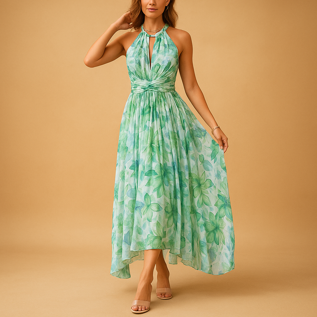 Women’s floral sleeveless maxi dress with high waist and elegant O-neck, perfect for summer holidays, garden parties, and casual outings.