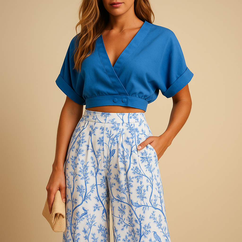 Floral two-piece summer set for women with wide-leg pants and matching top, perfect for beach parties, city trips, and casual summer days.
