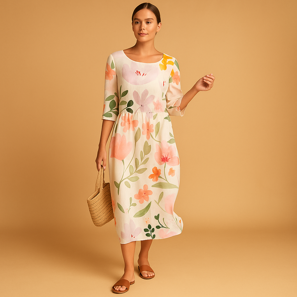 Women’s flowy midi dress with lightweight fabric and elegant silhouette, perfect for all seasons and both casual or formal occasions.