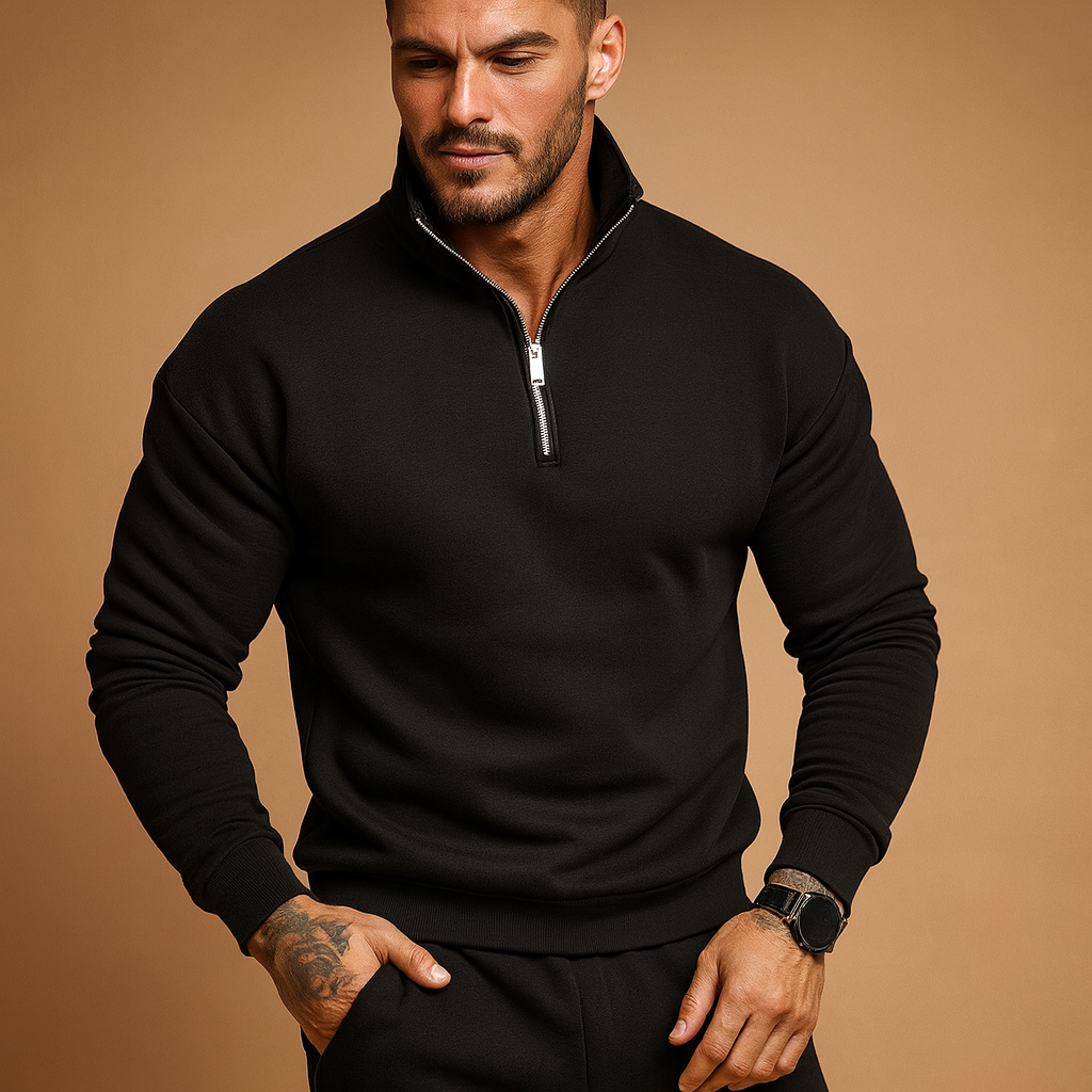 Men’s half zip sweater with soft fabric and contemporary design, perfect for casual and formal wear in autumn and winter.