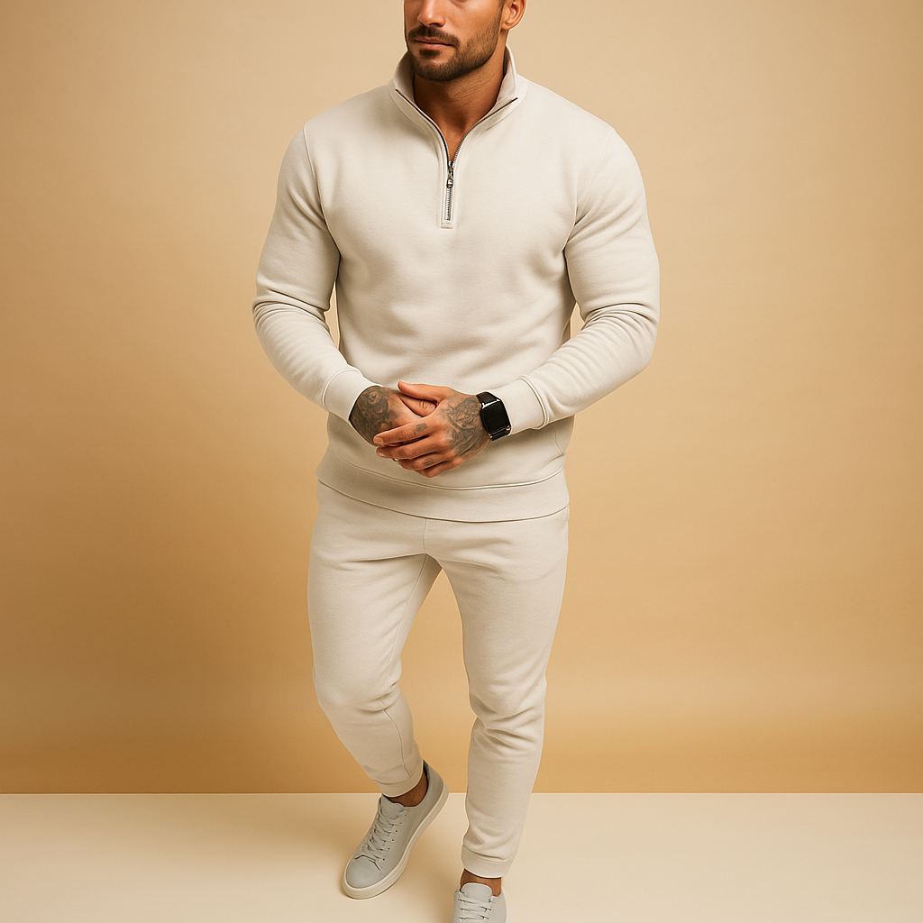 Men’s half-zip tracksuit with sweatshirt and joggers, perfect for casual wear, light sports, and everyday comfort.