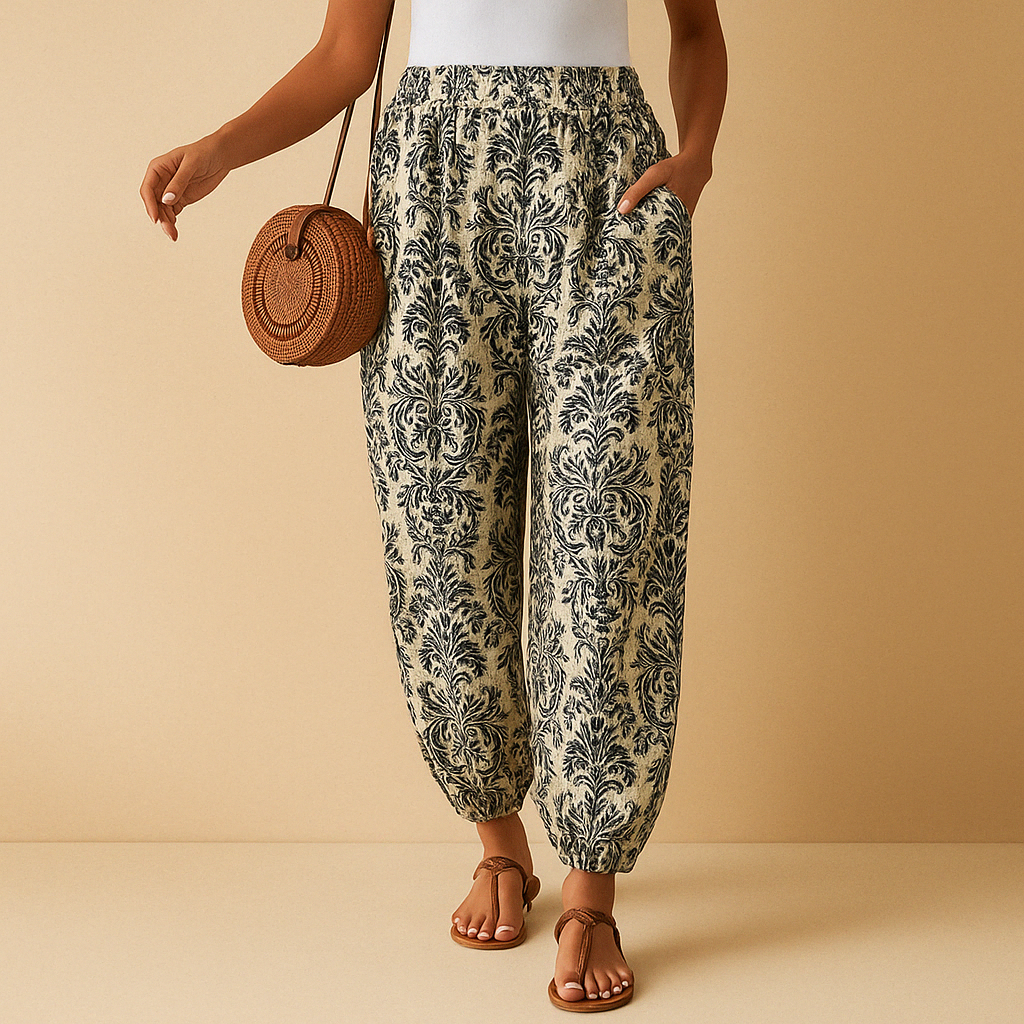 Women’s high waist boho pants Isla with loose fit and flattering waistband. Perfect for summer, casual days, and chic boho outfits.