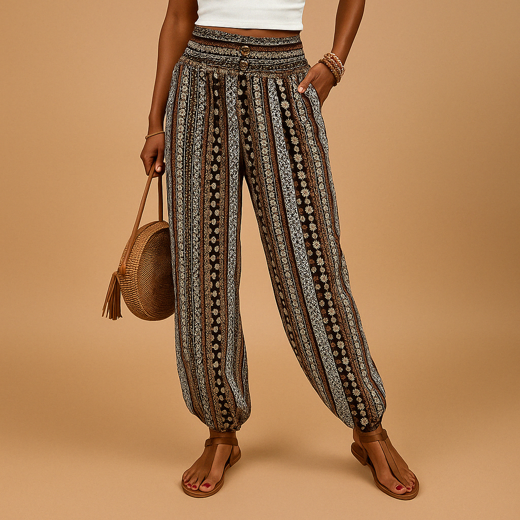 Women’s high waist boho pants Isla with loose fit and flattering waistband. Perfect for summer, casual days, and chic boho outfits.