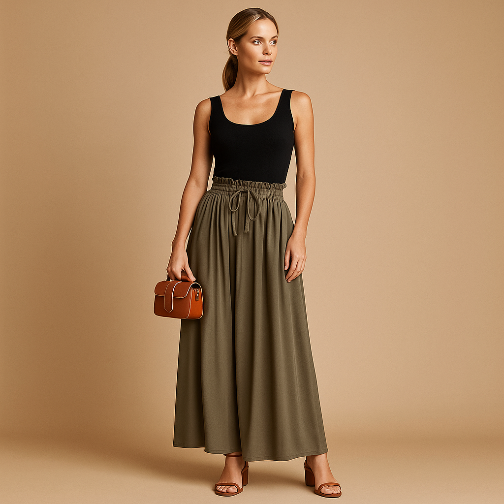 Women’s high waisted wide leg pants with elastic waistband, designed for a chic and flattering fit, perfect for work, casual outings, or elegant occasions.