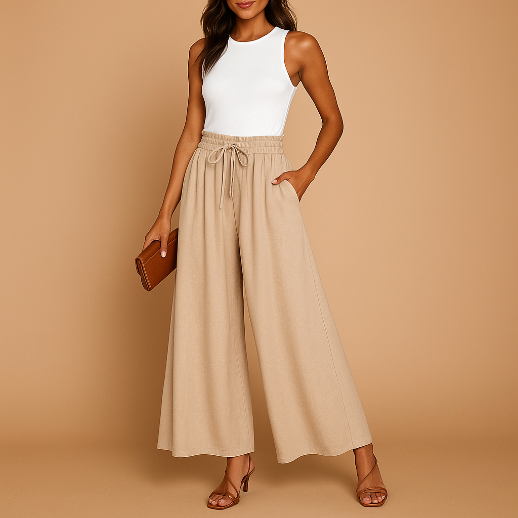 Women’s high waisted wide leg pants with elastic waistband, designed for a chic and flattering fit, perfect for work, casual outings, or elegant occasions.