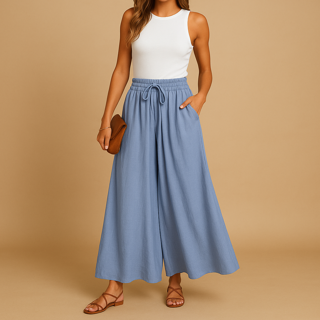 Women’s high waisted wide leg pants with elastic waistband, designed for a chic and flattering fit, perfect for work, casual outings, or elegant occasions.