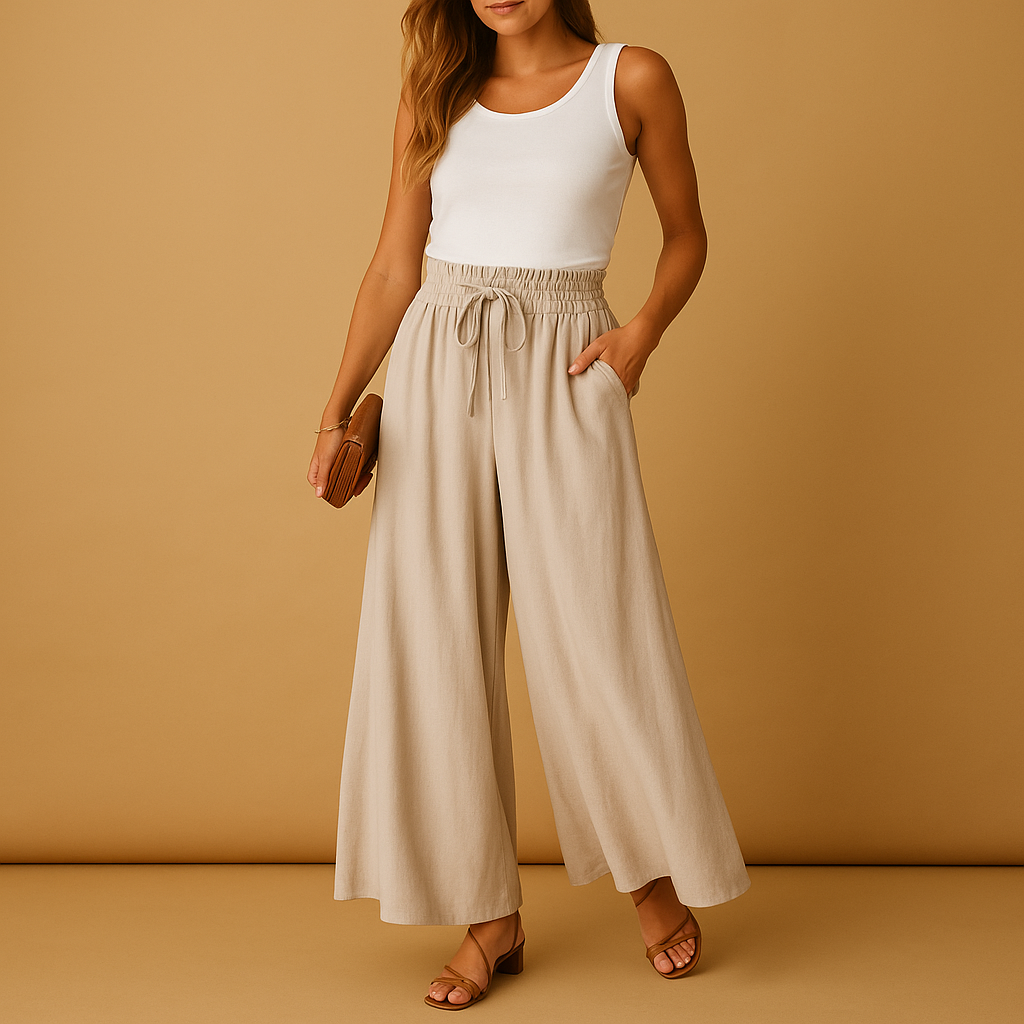 Women’s high waisted wide leg pants with elastic waistband, designed for a chic and flattering fit, perfect for work, casual outings, or elegant occasions.