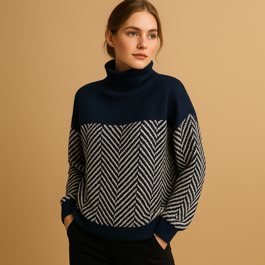 Women’s knitted sweater with unique herringbone pattern, high neckline, and relaxed fit. Perfect for casual wear, office, or cozy home moments.