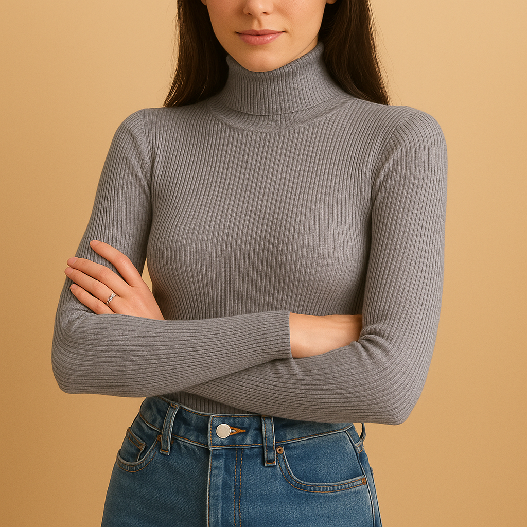 Knitted turtleneck sweater for women in soft yarn, classic design with fold-over collar, perfect for autumn, winter, and versatile everyday styling.