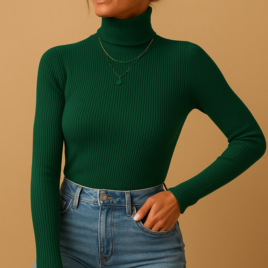 Knitted turtleneck sweater for women in soft yarn, classic design with fold-over collar, perfect for autumn, winter, and versatile everyday styling.